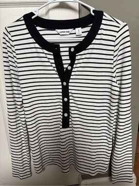 Lands' End Black and White Striped Knit Henley